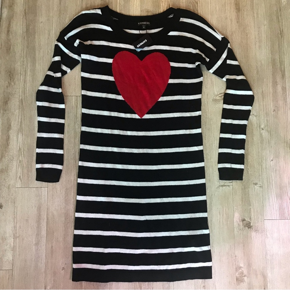 NWT Express Sweater Dress, Women’s Size XS, Black White Stripe with Red Heart